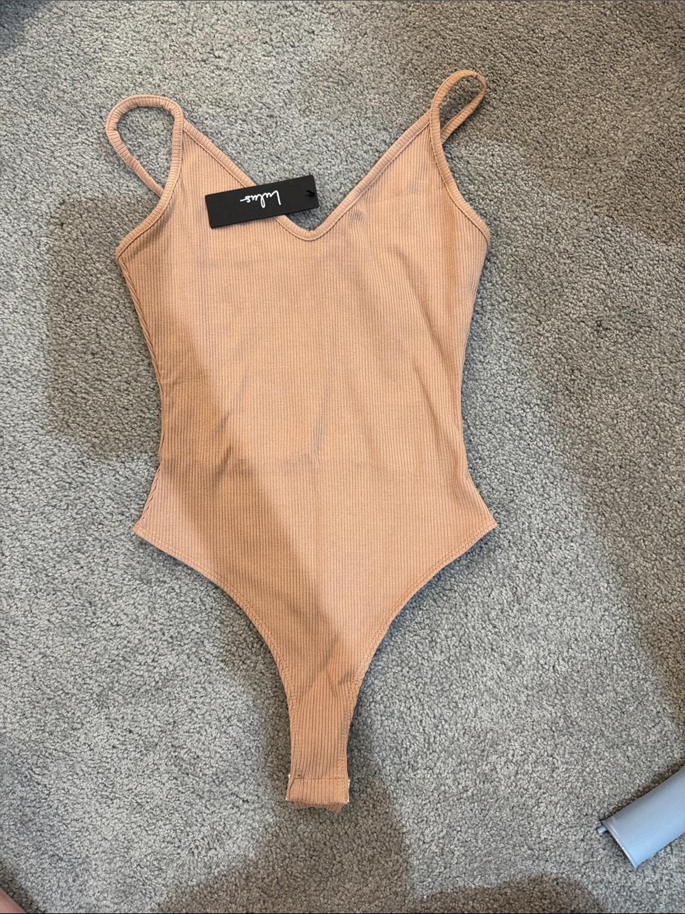 Lulu's Ribbed V-Neck One-Piece Bodysuit - Beige